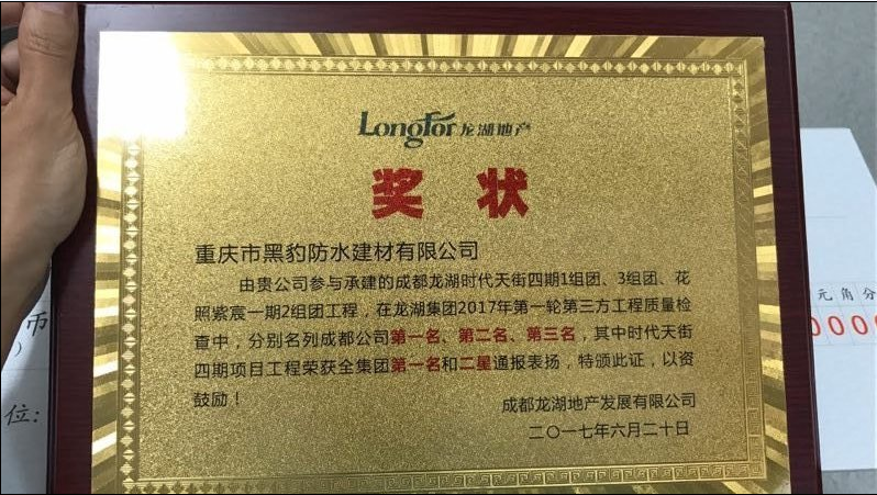 关于“黑豹”公司获得龙湖集团2017年第一轮工程质量检查两星表彰